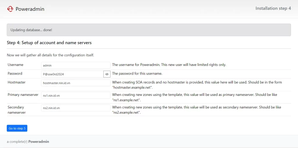 Setup of account and name servers